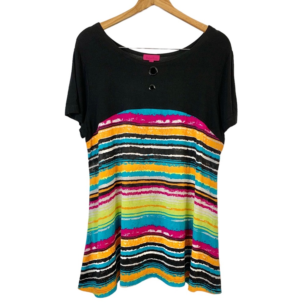 MAX & RIÑA Sheer Lace Abstract Multi Color Short Sleeve Top Sz 1X